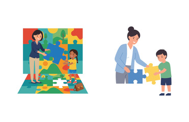 Teachers Helping Children Assemble Colorful Jigsaw Puzzles in Educational Classroom Activities