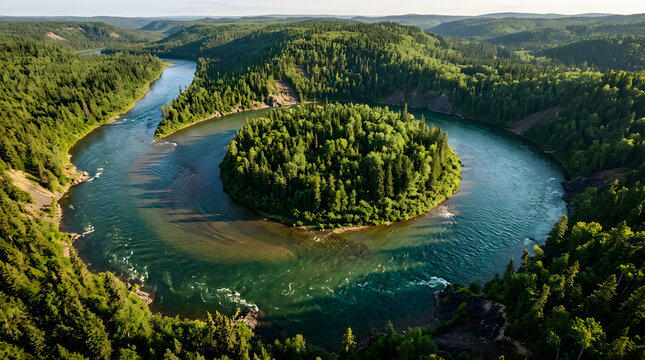 Aerial view of a winding river looping through a deep forest with landscape