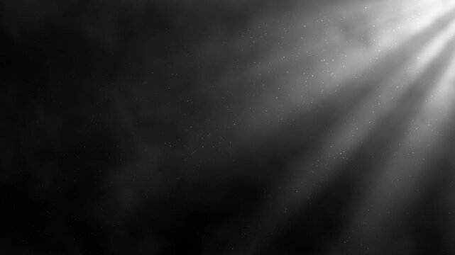 Ethereal light rays pierce through billowing smoke, dark, dusty atmosphere, loopable mysterious and dramatic background for visual projects