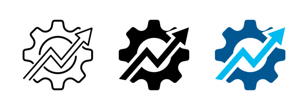 Business optimization icon. Gear symbol with upward arrow indicating performance growth, continuous improvement and business process optimization. Transparent Vector
