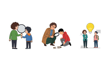 Naklejka premium Set of vector illustrations featuring a mentor guiding a student through scientific discovery and creative thinking