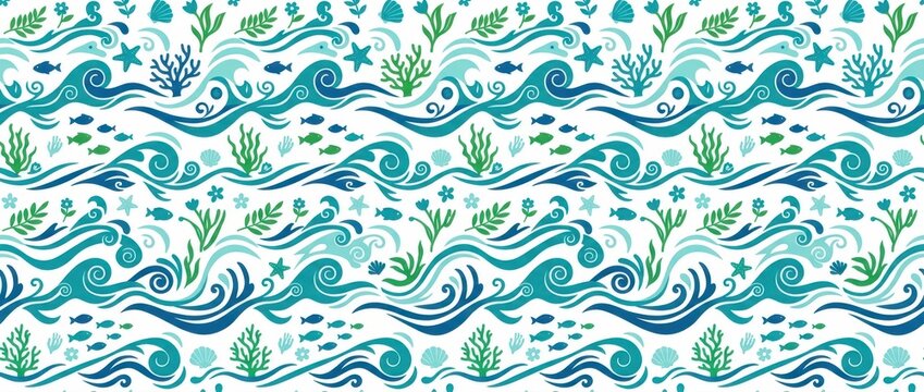 Seamless ocean wave pattern with marine life and fish in blue and green