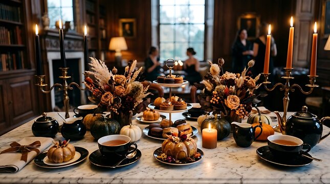 Cozy autumn tea party setup with pumpkin desserts and candelabras