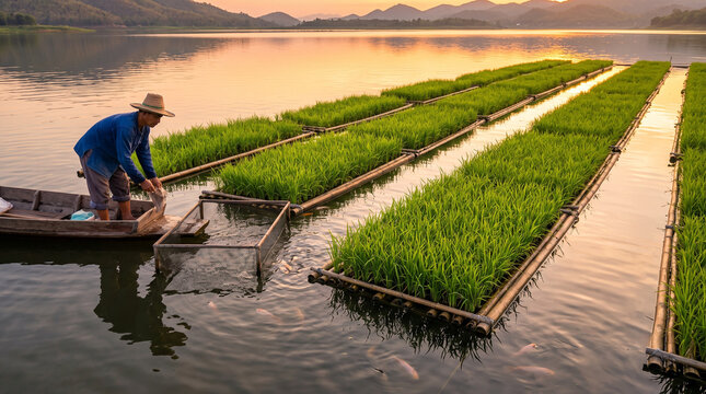 Thai farmer tending an organic floating rice paddy integrated with fish farming at sunset