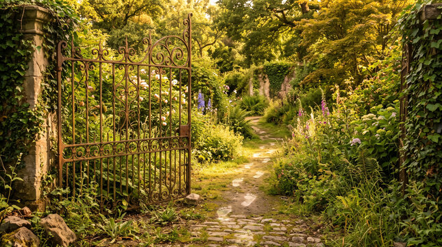 Open rusty iron gate leading into a lush magical garden