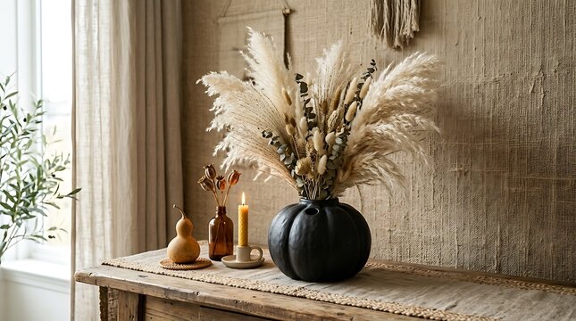 Cozy fall decor with pumpkin vase and pampas grass on a wooden table