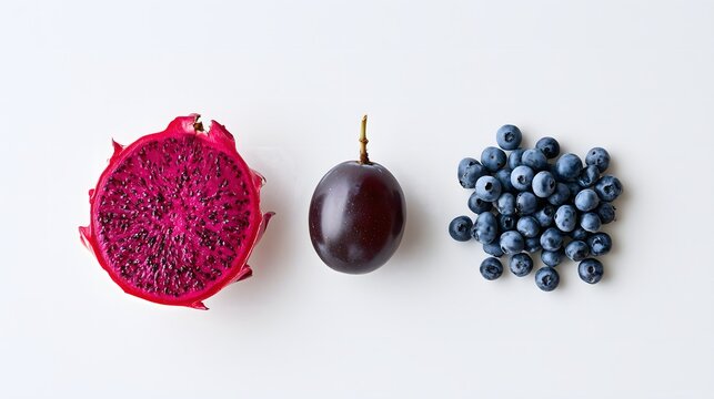 Fruit, sliced dragon fruit, purple grapes and blueberries on white background, minimal composition
