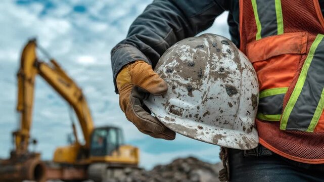 Construction worker holding a dirty hard hat at an industrial site