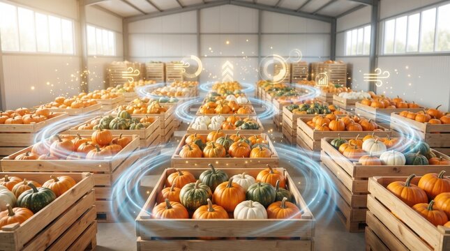 Fresh pumpkins in wooden crates stored in warehouse with glowing blue digital light rings for smart agricultural supply chain management concept.