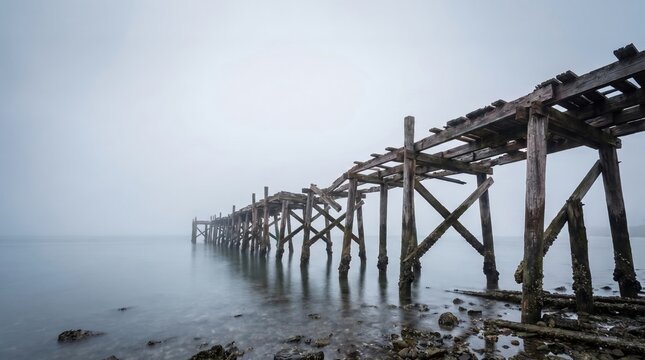 Abandoned old broken wooden pier extending into calm sea under heavy foggy sky for loneliness solitude landscape concept.