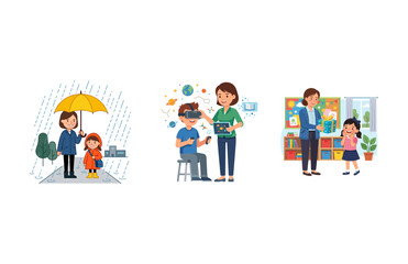 Fototapeta premium Set of diverse teacher and student interactions in classroom and outdoor learning scenarios illustration