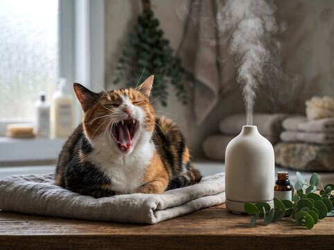 Calico cat yawning on towel next to essential oil diffuser with steam and eucalyptus leaves in spa bathroom setting for aromatherapy and relaxation and self care and wellness and comfort concept.