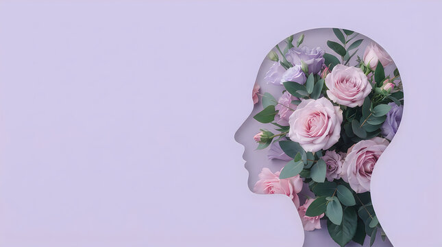 Human profile from purple paper revealing a dense floral arrangement of pink roses and green leaves under soft studio lighting with subtle shadows