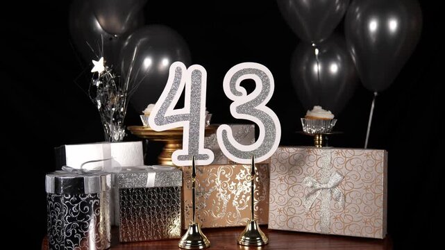 Silver Number 43 with Silver Glitter Sparkles with Gifts and Balloons and Cupcakes for Party Forty Three