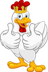 A chicken rooster cockerel bird cartoon character in a kings gold crown giving a double thumbs up © Christos Georghiou