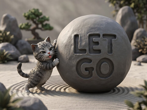 Cute cartoon cat pushing a large stone sphere with the words let go carved into it, set in a peaceful zen garden with raked sand and bonsai trees.