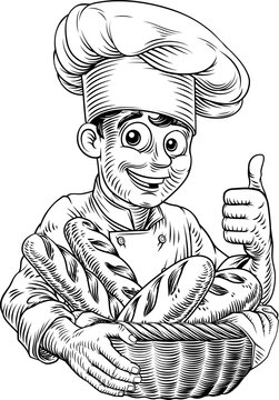 Vintage style woodcut illustration of smiling baker or chef holding a large basket of baguette French bread loves. Perfect for bakeries, artisanal bread brands, cafe menus, or food packaging.