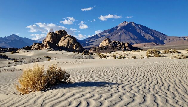 Scenic view of Hunder Sand Dunes in Ladakh, India, with mountains and blue sky.