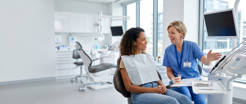 Dentist explains treatment plan to patient in modern dental clinic, discussing oral health, preventive dentistry and treatment options during professional patient consultation with copy space.