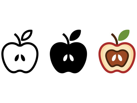 Minimalist apple icon set, 3 vector fruit symbols, red and black apple logos Editable Vector