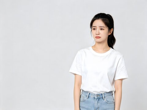 Sad young woman feeling anxious and depressed on light background