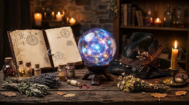 Mystical witchcraft table with crystal ball and magical tools