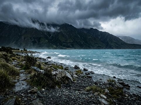 Stormy Coastal Landscape With Rocky Shore And Mountain.
