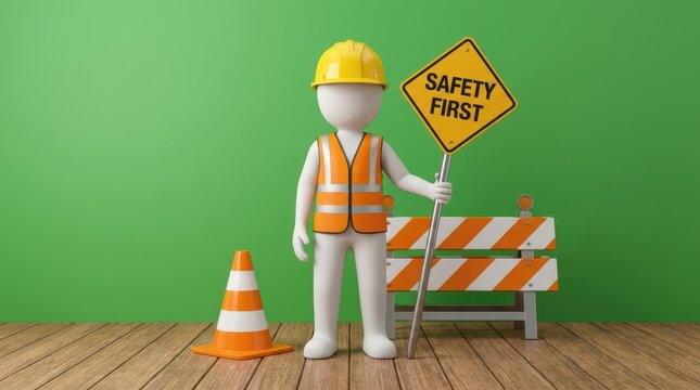 3d illustration of construction worker character with safety first sign board isolated on green wall studio backdrop.