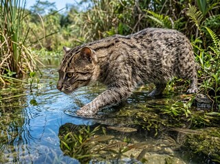 Fototapeta premium Wildcat Drinking Water From Natural Stream In Forest.