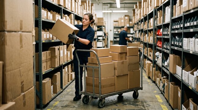 Warehouse worker stacking outgoing packages on a rolling cart in storage aisle
