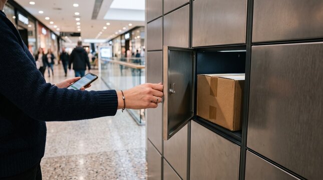 Person retrieving parcel from smart locker in shopping mall using mobile phone
