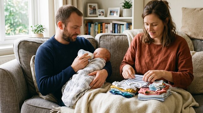 Young parents caring for newborn baby at home while folding clothes on sofa