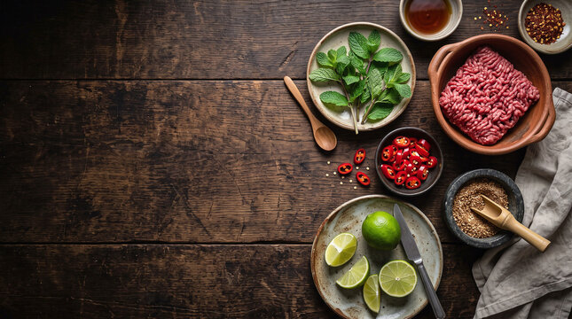 Top down view of traditional Asian spicy meat salad ingredients on dark wood with copy space
