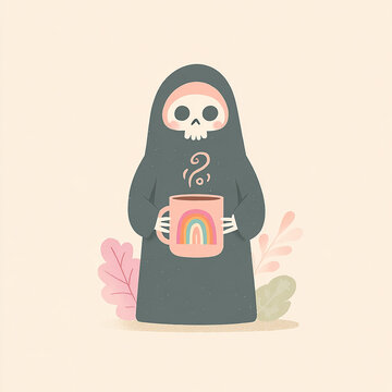 Cute skeleton in dark cloak holding rainbow coffee mug flat illustration