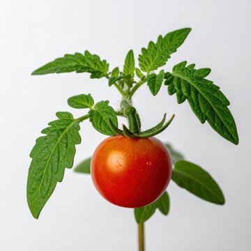A single, ripe cherry tomato hangs from a small plant with vibrant green leaves against white