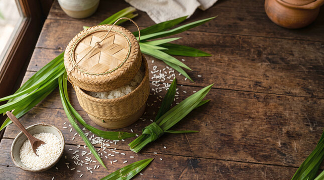 Traditional woven bamboo sticky rice basket on rustic wooden table with copy space