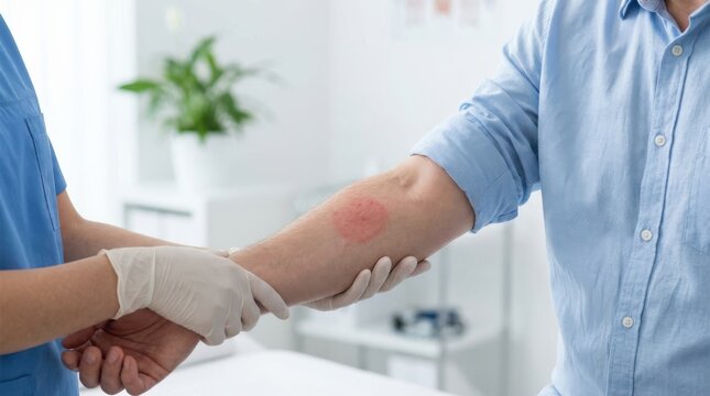 Doctor checking skin rash on male patient&rsquo;s arm, examining symptoms of allergic reaction.