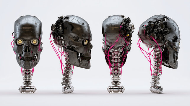 Multiple views of a dark metallic robotic skull with glowing glow eyes and pink cables isolated on a white background.