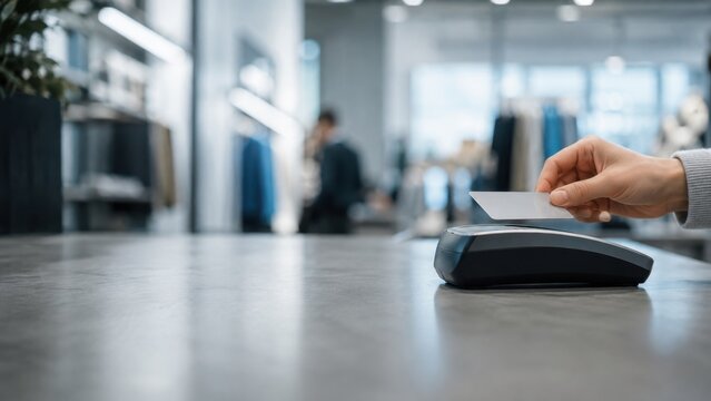 Hand Making Contactless Card Payment on POS Terminal in Modern Retail Store