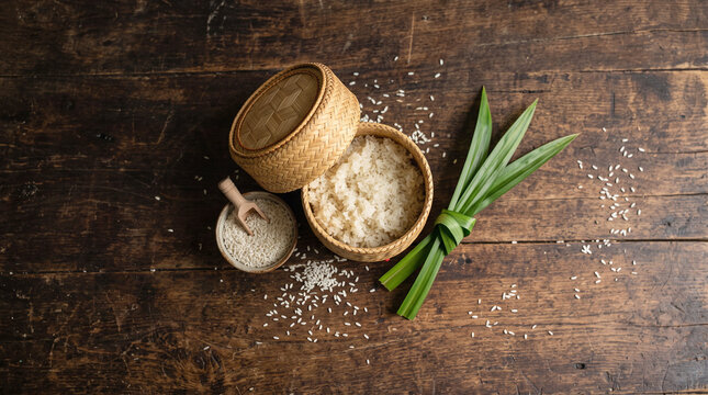 Traditional woven bamboo sticky rice basket on rustic wooden table with copy space