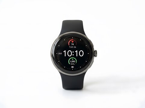 Round black smartwatch displaying fitness data isolated on white background