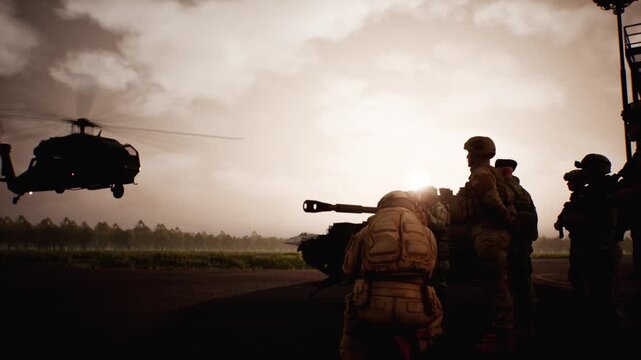 Military battle tank, helicopter and soldiers on land with three fighter jets flying overhead, 3D animation