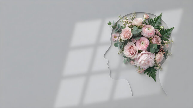 Human profile shape cut into a grey wall filled with pink roses and green leaves under soft window light shadows in a minimalist composition
