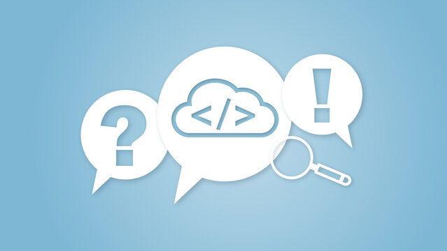 Cloud computing code development concept illustration with speech bubbles, question mark, exclamation mark and magnifying glass on blue background for digital software analysis.