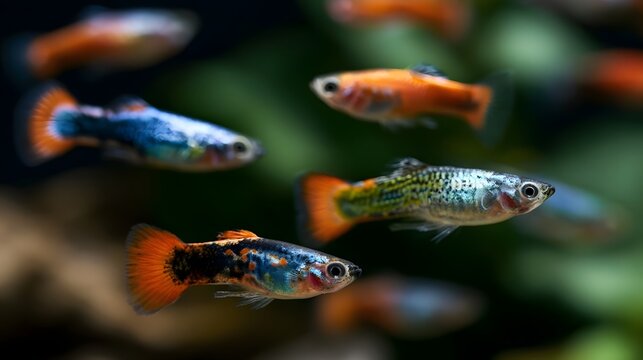 Colorful guppies swim gracefully through water with vibrant orange tails and iridescent blue green bodies