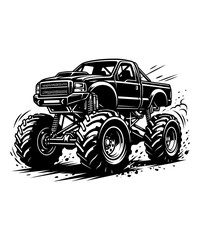 Black and white vector illustration of a powerful monster truck driving fast on a dirt track © Nurnabi