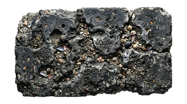 Corroded marine concrete block. Weathered sea wall texture with barnacles and shell debris.