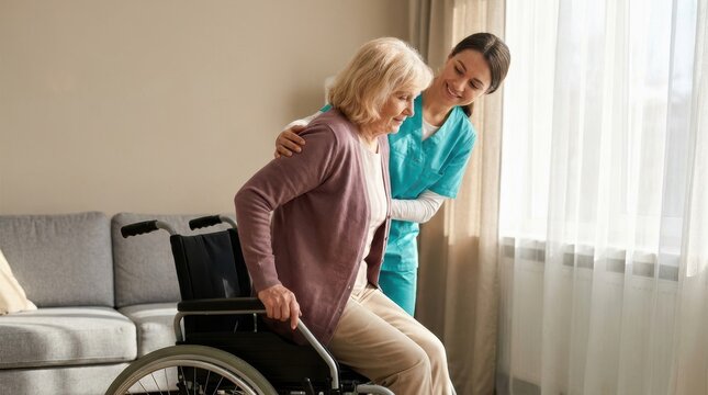 Nurse assisting elderly woman into wheelchair in assisted living facility.