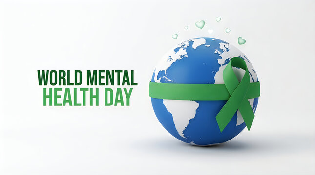 World mental health day typography next to a three dimensional earth globe wrapped in a green awareness ribbon with small floating hearts above