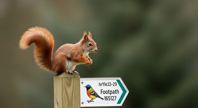 A charming red squirrel stands on a footpath signpost in nature